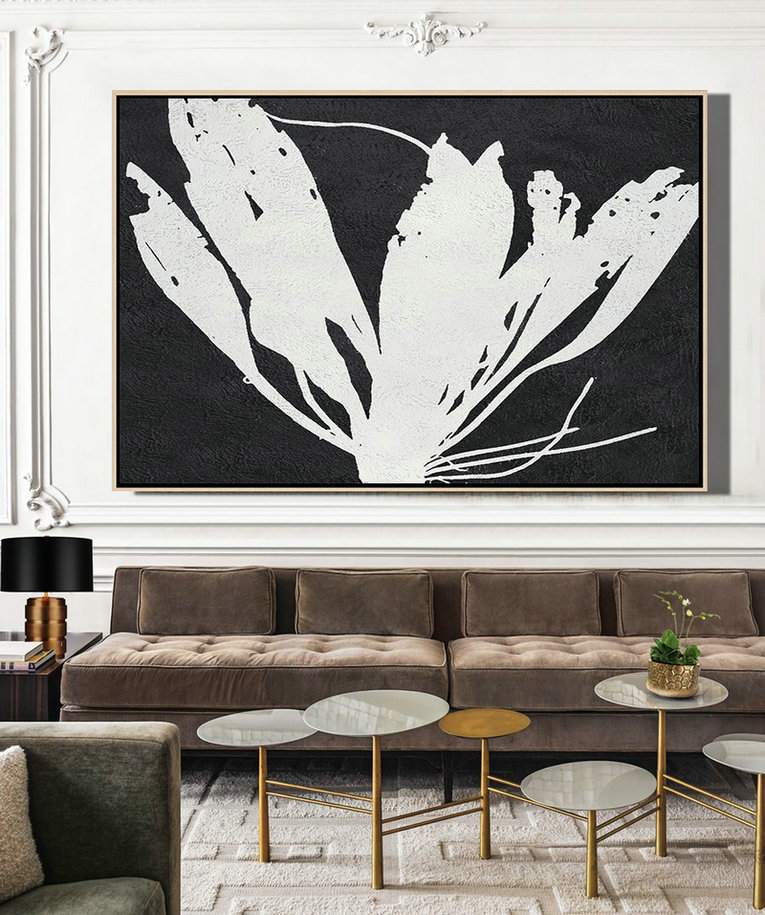 Big Art Canvas,Oversized Horizontal Minimal Art On Canvas, Black And White Minimalist Flower Art - Large Wall Art Canvas